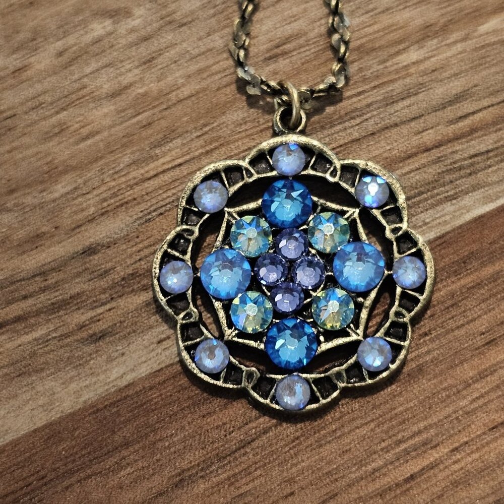 VTG Signed ANNE KOPLIK PENDANT NECKLACE‎ Blue Rhinestone Aqua Teal 18" USA Made